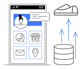 Smartphone screen with user profile, communication icons, location, store, and message notification. Data growth represented by arrows, server, and shoe. Ideal for technology, communication, social