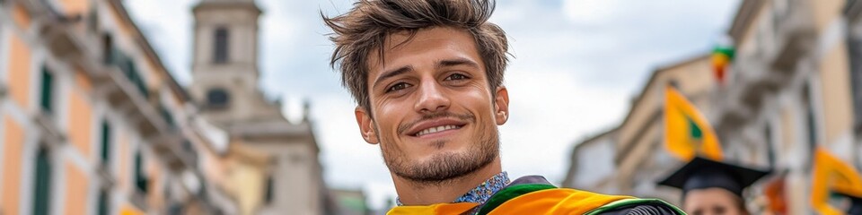 Obraz premium A young man celebrates graduation with a colorful sash in a vibrant city street during a festive outdoor event