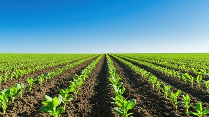 Vast green field showcasing rows of healthy crops under a clear blue sky, representing agriculture and nature's bounty.
