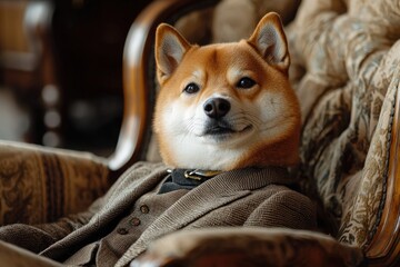 A Shiba Inu dog dressed in a classic suit sits in a luxurious armchair, creating a refined and sophisticated atmosphere with rich textures and high detail..