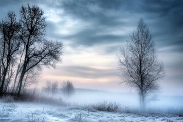 A misty morning landscape with bare trees and frost-covered ground.