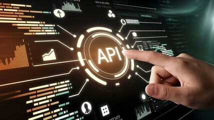 businessman pressing virtual button API, application programming interface. cloud computing concept, cloud technology, Saas, Paas, Iaas. AWS Services
