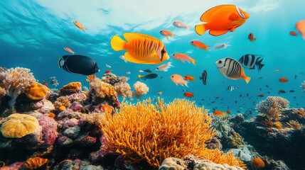 Fototapeta premium Vibrant underwater scene featuring colorful coral and a variety of fish swimming amidst the ocean's clear blue water.