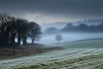 A misty morning landscape with frost-covered fields and trees silhouetted against a hazy sky.