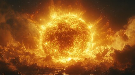 Obraz premium A blazing fiery sun in a starry night sky.