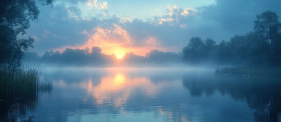 Obraz premium Misty Sunrise Over a Calm Lake