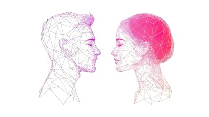 A stylized illustration of a man and woman facing each other, connected by a network of lines.