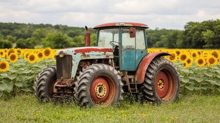 Fototapeta premium A vintage tractor surrounded by vibrant sunflowers in a picturesque rural landscape, showcasing agricultural beauty.