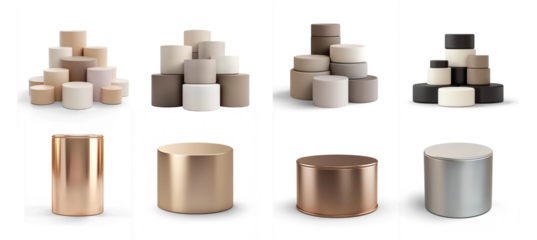 Collection of Abstract 3D podium composed of stacked cylinders in neutral tones, isolated on white. isolated on transparent background