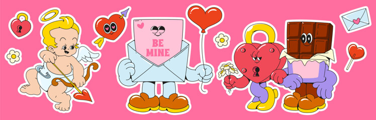 Romantic retro sticker set - winged cupid with bow, card in letter envelope holding balloon, heart shaped lock in couple with chocolate bar. Groovy cartoon characters for Valentine day design.