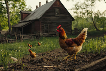 Chickens scratching the ground for food near a farmhouse