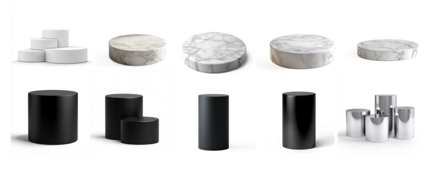 Collection of three different-sized cylinder podiums arranged in a stepped design, on a transparent background