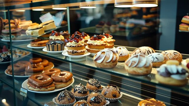 Assortment of Delicious Pastries in a Bakery Display Case
