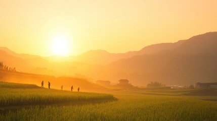 Obraz premium Majestic Sunset in Rural China - Silhouettes of Farmers, Vibrant Crops, Scenic Landscape | Ultra-Detailed Sunset View
