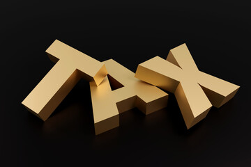 Luxury gold inscription tax on black podium, soft light, smooth background, 3d rendering