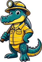 a crocodile mascot wearing a yellow miner's outfit, bringing a shovel, standing in a full body pose