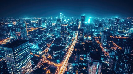 Obraz premium Aerial view of a city skyline at night with illuminated buildings and streets.