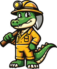 a crocodile mascot wearing a yellow miner's outfit, bringing a shovel, standing in a full body pose