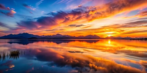 Obraz premium A breathtaking sunset over a serene lake, with the vibrant colors of the sky reflecting in the still water, creating a mesmerizing panorama.