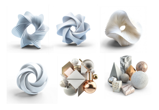 Collection of Abstract 3D geometric forms like twisted toruses or folded shapes, centered on white. isolated on transparent background