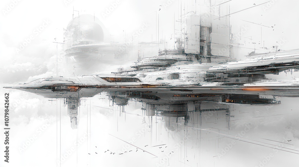 Poster futuristic spacecraft design with abstract elements and structures.