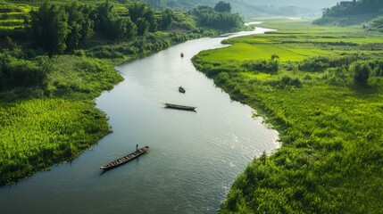 Obraz premium Tranquil Rural China Landscape with Farmers Cultivating Land Along Serene River, Bamboo Boats Floating - Ultra-Detailed Photography