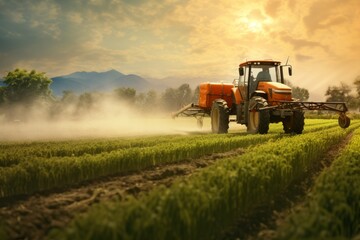 Fototapeta premium Dreamscape of Cultivation: Provia-Captured Tractor Spraying Crops in Warm Lands