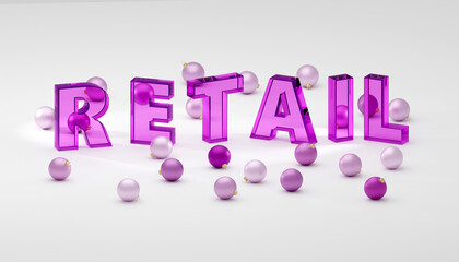 Luxury purple glass inscription retail on grey podium, soft light, smooth background, 3d rendering