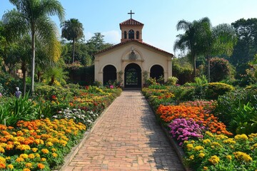 Naklejka premium Brick path leading to spanish colonial style chapel surrounded by colorful flowerbeds