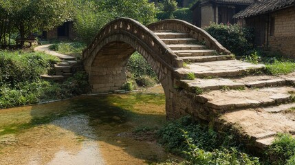 Serene Beauty of Rural China: Ancient Stone Bridges Across Crystal-Clear Streams