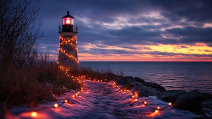 Lighthouse shining brightly at sunset during winter with christmas lights decoration