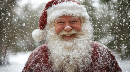 Santa claus smiling under snowfall, christmas magic