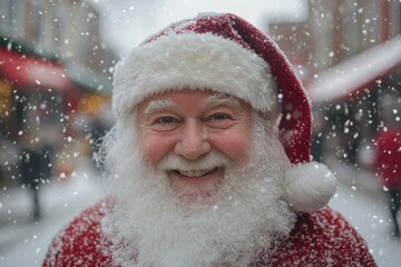 Santa claus smiling under the snowing sky during christmas time
