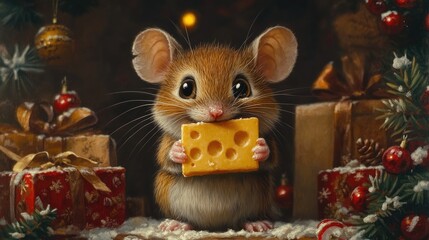 Cute mouse eating cheese near christmas tree and gifts: christmas eve