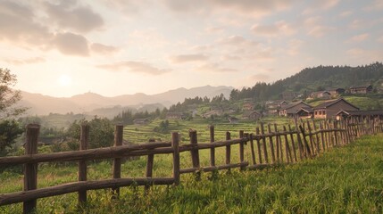 Obraz premium Tranquil Rural China Landscape with Wooden Fence, Traditional Houses, and Sunset Sky