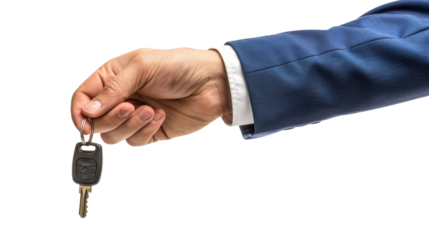 Male hand in a suit holding car keys on white transparent background
