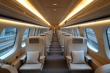Fototapeta premium Comfortable empty seats inside modern high speed train passenger car