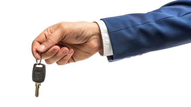 Male hand in a suit holding car keys on white transparent background
