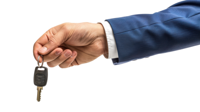 Male hand in a suit holding car keys on white transparent background
