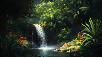 A small, peaceful waterfall tucked away in a tropical jungle, surrounded by dense foliage and vibrant plants 