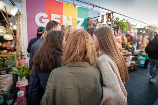 Gen Z friends at a pop-up event or street market