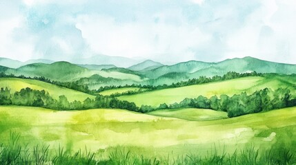 Fototapeta premium Watercolor Painting of Lush Green Hills