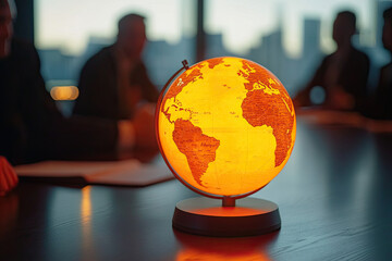 Business team brainstorming global expansion ideas in a conference room