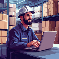 A man in a blue shirt and a hard hat is sitting at a desk with a laptop. He is typing on the laptop