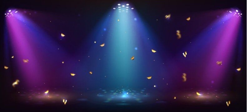 Bright spotlights illuminate dark stage with blue and purple beams. Golden confetti float through luminous rays in festive casino interior. Luxury gaming presentations or entertainment shows.