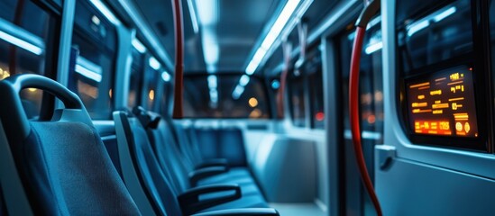 Fototapeta premium Empty bus seats with a digital display showing information in the window.