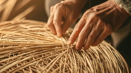Crafting Heritage: Skilled Hands of Chinese Farmer Weaving Traditional Baskets with Natural Materials in Rural Setting