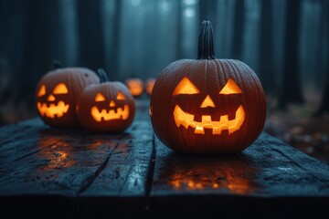 Fototapeta premium Halloween pumpkins with carved faces on a wooden table against a spooky forest background at sunset. Spooky Halloween night scene with copy space.