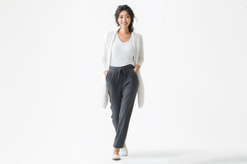 きれいめのカジュアルな服装で歩く女性	