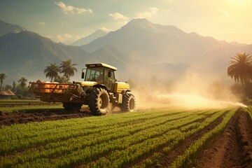 Naklejka premium Whispers of the Field: A Soft, Dreamy Tractor Spraying Crops Under a Bright Sun